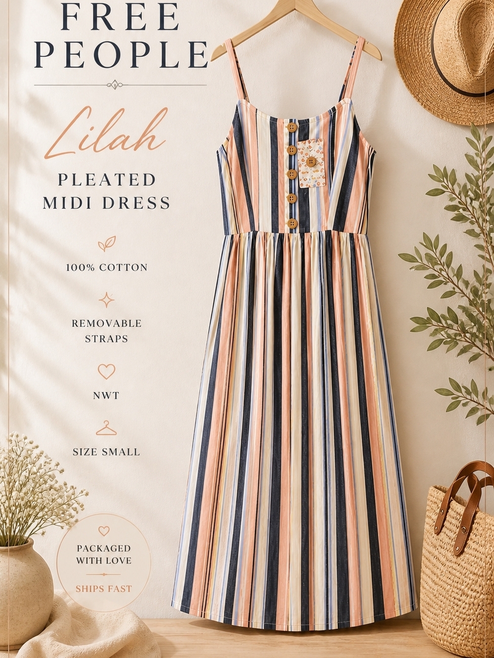 Free People Lilah Pleated Midi Dress NWT Small Multicolor Stripe Boho Chic FP